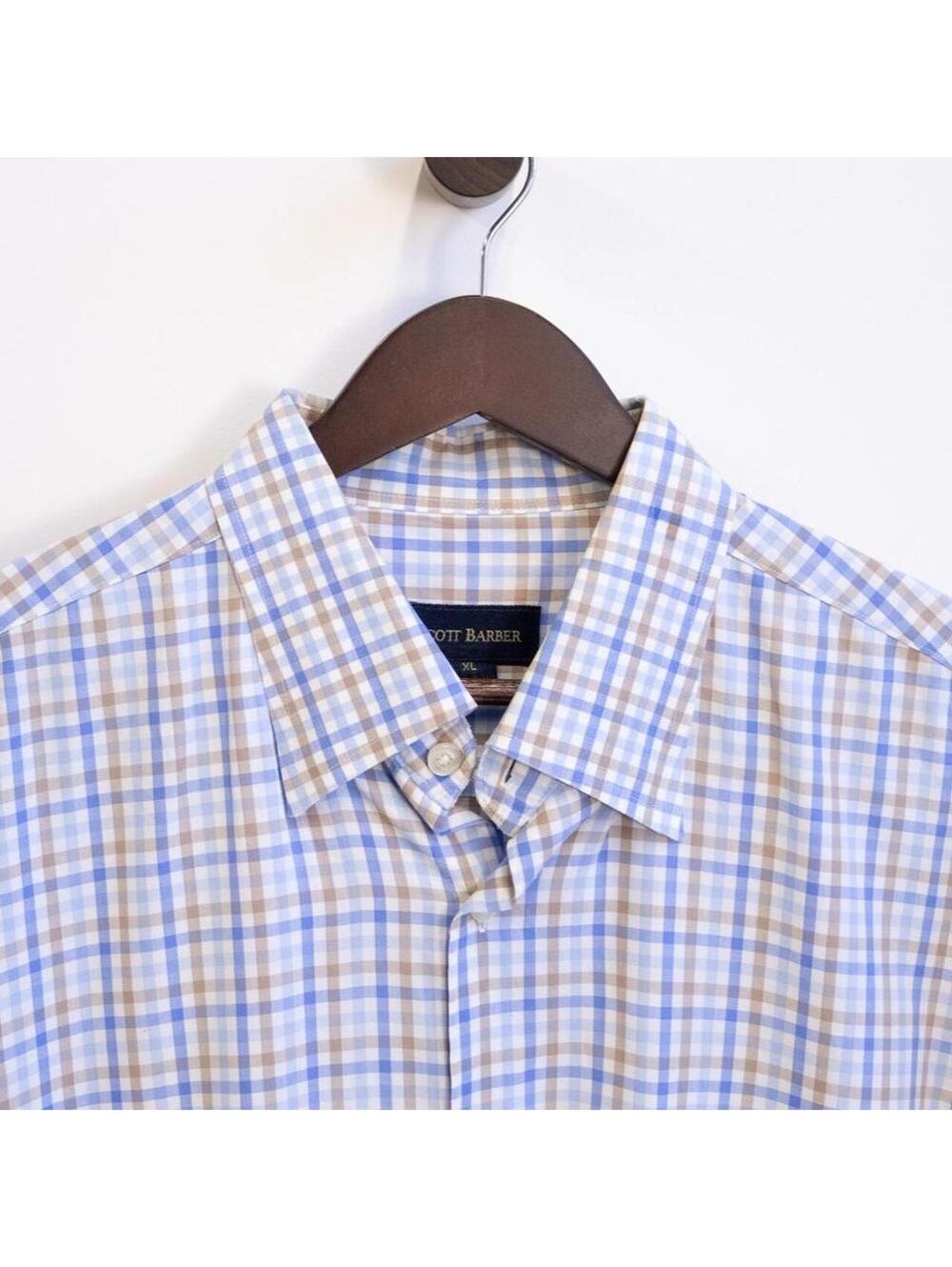 Scott Barber Plaid Button Front Dress Shirt – Blue & Tan Check – Men’s